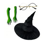 ILYGIJG Halloween Witch Costume Accessories Set, Black Witch Hat, Green Claw Gloves and Glasses, 3 Piece Kit for Women and Girls