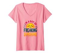 I'm A Ray of Freaking Sunshine - Cheerful Summer Quote V-Neck T-Shirt, Women, Pink, S