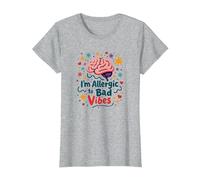 Im Allergic to Bad Vibes Brain Positivity Art T-Shirt, Women, Heather Grey, 3XL