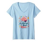 Im Allergic to Bad Vibes Brain Positivity Art V-Neck T-Shirt, Women, Baby Blue, S