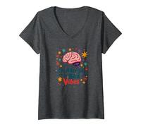 Im Allergic to Bad Vibes Brain Positivity Art V-Neck T-Shirt, Women, Dark Heather Grey, L