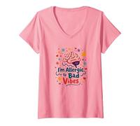 Im Allergic to Bad Vibes Brain Positivity Art V-Neck T-Shirt, Women, Pink, L