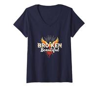 Im Broken: from Broken to Beautiful Phoenix Rising Art V-Neck T-Shirt, Women, Navy, XL