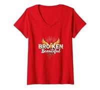 Im Broken: from Broken to Beautiful Phoenix Rising Art V-Neck T-Shirt, Women, Red, S