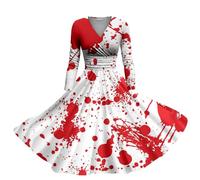 I'm Fine Blood Splatter Bloody Hand Print Halloween Funny Dresses 1950 Vintage Spiderweb V Neck Long Sleeve Dress Audrey Hepburn Belted Cocktail Rockabilly Carnival Midi Dress, Red, S