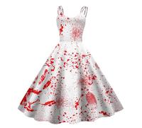 I'm Fine Bloody Halloween Costume Womens Blood Wound Dresses 50s Vintage Pumpkin Sleeveless V Neck Hepburn Prom Dress Audrey Spaghetti Straps Cocktail Festive Rockabilly Dress, White, L