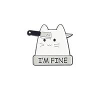I'm Fine Enamel Pin White Cat Hit By A Knife Metal Badge Brooch For Backpacks Coat Accessories, Stainless Steel, no gemstone