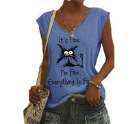I'm Fine Everything is Fine Tank Tops Women's Funny Letter 3D Printed V-Neck T-Shirt Vest Sleeveless Loose Fit Summer Sport Tops