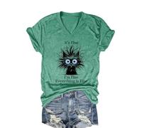 Im Fine Its Fine Everything Funny Cat V Neck T-Shirts Short Women Cute Cat Graphic Tee Funny Shirt Casual, Green, M