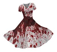 I'm Fine It's Not My Blood Halloween Bloody Dresses Women Vintage Skull V Neck Short Sleeve Audrey Hepburn Cocktail Rockabilly Carnival Swing Dress Midi Retro Teen Girls Dress, Purple, L