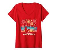 I'm Just Here for The Fireworks V-Neck T-Shirt, Women, Red, XL