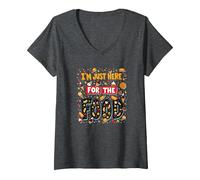 Im Just Here for The Food Foodie Fun Quote V-Neck T-Shirt, Women, Dark Heather Grey, M