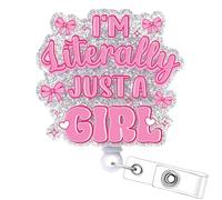 I'm Literally Just a Girl Badge Reel - Cosmisun Pink Bow Badge Reels Retractable with Alligator Clip Glitter Coquete ID Badge Holder for Nurses Nursing Student RN CNA Medical Worker Teacher Office