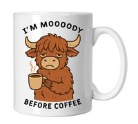 I'm Moody Before Coffee Highland Cow Mug: Cute Coffee Cup for Animal Lovers, Double-Sided Print, Dishwasher & Microwave Safe, Perfect Unisex Novelty Gift for Birthday or Christmas