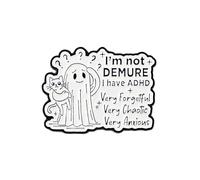 I'm not DEMURE, I have ADHD Very Forgetful Chaotic Anxious Pin Brooch, Funny Ghost Hold Cat Enamel Pin, Sarcastic ADHD Gift For Neurodivergent Friend Overthinkers, Mental Overload Lapel Badge