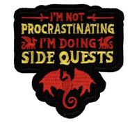 I'm Not Procrastinating I'm Doing Side Quests Procrastinate Lazy Red Fire Dragon Sword Fantasy Dice Roll Die Dungeon Game Funny Joke Humor 2.6" Iron On Embroidered Patch for Clothing