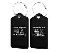 I'm Proof There's Life After Brain Cancer, I'm A Survivor Leather Luggage Tag with Stainless Steel Ring and Privacy Cover for Suitcase Travel7