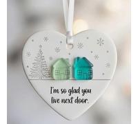 I'm so Glads You Live Next Door Christmas Heart-Shaped Ornament, Friendship Heart Ceramic Keepsake, Christmas Tree Hanging Ornaments, Sea Glass Art for Best Friends