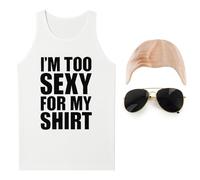 I'm Too Sexy Vest Costume Small - Right Said Fred Inspired White Slogan Tank Top with Aviator Glasses & Latex Skin Colour Bald Cap - Funny 90s Fancy Dress for Men - Pop Star Stag Party Outfit