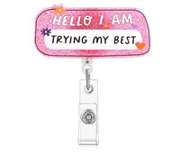 I'm Trying My Best Funny Badge Retractable Funny Pink Acrylic Badge Holders Reel Cute Pink Nurse Id Name Tag Badges Holder with Alligator Clip for Doctor Medical Worker Nurse Nursing Teacher