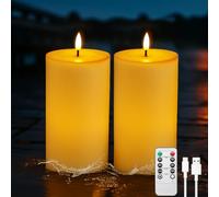 IMAGE 4"x8" inch Ivory White Outdoor Waterproof Flameless Candles with Timer & Remote Control, Rechargeable LED Pillar Candles for Lanterns, Porch, Flickering & Long Lasting, Set of 2