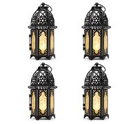 IMAGE 4PCS Candle Lanterns Metal Candle Holder with Transparent Glass Moroccan Decorative Hanging Lantern, 7x16cm, Black