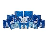 Image Arts Assorted Holiday Gift Bag Bundle (16 Bags: 6 Small 5", 6 Medium 8", 2 Large 11", 2 XL 14") Winter Blue Plaid, Snowman, Deer, Tree, Snowflakes