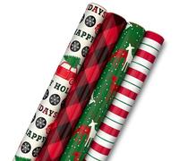 Image Arts Rustic Christmas Wrapping Paper with Cutlines on Reverse (4 Rolls: 120 Sq. Ft. Total) Red Car with Trees, Red and Black Buffalo Plaid, Deer, Stripes