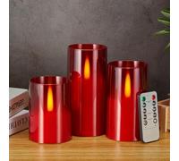 IMAGE Flameless LED Candles with Jumping Warm Yellow Flames, Upgraded Flickering Led Candle Set Battery-Operated with Remote Timer, Wedding(D 3" x H 4" 5" 6") (Red)