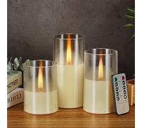 IMAGE Flameless LED Candles with Jumping Warm Yellow Flames, Upgraded Flickering Led Candle Set Battery-Operated with Remote Timer, Wedding(D 3" x H 4" 5" 6") (White)