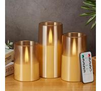 IMAGE Flameless LED Candles with Jumping Warm Yellow Flames, Upgraded Flickering Led Candle Set Battery-Operated with Remote Timer, Wedding(D 3" x H 4" 5" 6") (Gold)
