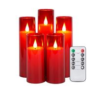 IMAGE Flickering Flameless Candles Battery Operated, Acrylic Shell Pillar 3D Wick LED Candles with Timer for Wedding Christmas Home Decor Set of 5 (D2.3 in X H5 5 7 7 8 in), Red