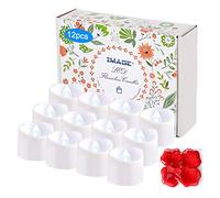 Image LED Candles Pack of 12 Tea Lights with Timer 6 Hours to 18 Hours Flickering Flameless Candles with 100 Rose Petals, Cool White
