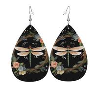 Image of dragonfly in wreath Earrings for Women Faux Leather Earring Teardrop Dangle Earrings Lightweight Jewelry Gift