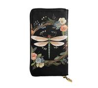 Image of dragonfly in wreath Leather Wallet for Women Long Coin Purse Ultra Slim Credit Cards Holder Bifold Clutch