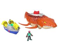 Fisher-Price Imaginext Jurassic World Rebirth Aquachomp Chase Mosasaurus 18-inch Dinosaur Toy with 3-inch Action Figure, Launcher Boat & 2 Projectiles, JFR23