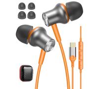 iMangoo Wired USB C Headphones Ergonomic Fit Ear Buds for iPhone 17 Air 16 16e 15 Pro Max for iPad Pixel 10 9 9a Galaxy S25 S24 Ultra USBC Earbuds with Microphone for Music Gym Workout Orange