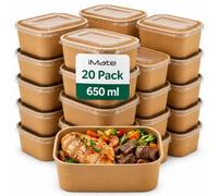 iMate 650ml Disposable Kraft Food Containers 20 Pack Rectangular Takeaway Boxes with Plastic Lids - Leak Resistant Meal Prep Microwave and Freezer Safe - Stackable Storage for Catering and Home Use
