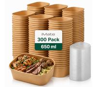 iMate 650ml Disposable Kraft Food Containers 300 Pack Rectangular Takeaway Boxes with Plastic Lids - Leak Resistant Meal Prep Microwave and Freezer Safe - Stackable Storage for Catering and Home Use