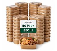 iMate 650ml Disposable Kraft Food Containers 50 Pack Rectangular Takeaway Boxes with Plastic Lids - Leak Resistant Meal Prep Microwave and Freezer Safe - Stackable Storage for Catering and Home Use