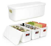 imatenn 4 Pack Narrow Plastic Storage Boxes with Lids White Shelf Baskets Handy Tubs Bins Container Kitchen Cupboard Drawer Organiser Keep Things in Order Slim Fit Samll Space Easy to Stack Pull Out