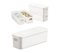 imatenn Narrow Storage Baskets with Lids, White Plastic Storage Box for Shelf, Long and Slim Organiser Bins for Kitchen Cupboard, Bathroom Cabinet, Drawers, 10cm Wide, Stackable