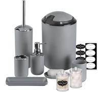 IMAVO Badezimmer-Zubehör-Set - 8-teiliges graues Badezimmer-Zubehör-Set mit Mülleimer, Seifenspender, Seifenschale, Zahnbürstenhalter, WC-Bürstenhalter, Qtip-Halterspender mit Etiketten