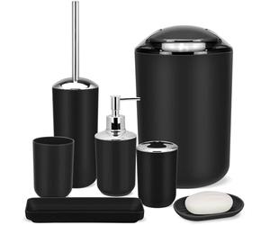 IMAVO Bathroom Accessories Set, 6-Piece Plastic Gift Set, Toothbrush Holder, Toothbrush Cup, soap Dispenser, soap Dish, Toilet Brush Holder, Trash can (Black)