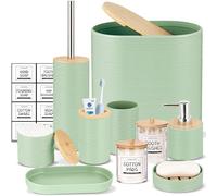 IMAVO Bathroom Accessory Set-11Pcs Green Bathroom Accessories Set with Trash Can,Soap Dispenser,Soap Dish,Toothbrush Holder,Toothbrush Cup,Toilet Brush Holder,Qtip Holder Dispenser with Labels