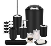 IMAVO Bathroom Accessory Set - 8 Pcs Black Bathroom Accessories Set with Trash Can, Soap Dispenser, Soap Dish, Toothbrush Holder, Toothbrush Cup, Toilet Brush Holder, Qtip Holder Dispenser with Labels