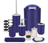 IMAVO Bathroom Accessory Set - 8 Pcs Blue Bathroom Accessories Set with Trash Can, Soap Dispenser, Soap Dish, Toothbrush Holder, Toothbrush Cup, Toilet Brush Holder, Qtip Holder Dispenser with Labels