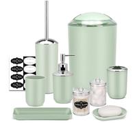 IMAVO Bathroom Accessory Set - 8 Pcs Green Bathroom Accessories Set with Trash Can, Soap Dispenser, Soap Dish, Toothbrush Holder, Toothbrush Cup, Toilet Brush Holder, Qtip Holder Dispenser with Labels