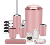 IMAVO Bathroom Accessory Set - 8 Pcs Pink Set with Trash Can, Soap Dispenser, Soap Dish, Toothbrush Holder, Toothbrush Cup, Toilet Brush Holder, Qtip Dispenser
