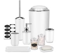 IMAVO Bathroom Accessory Set - 8 Pcs White Set with Trash Can, Soap Dispenser, Soap Dish, Toothbrush Holder, Toothbrush Cup, Toilet Brush Holder, Qtip Dispenser